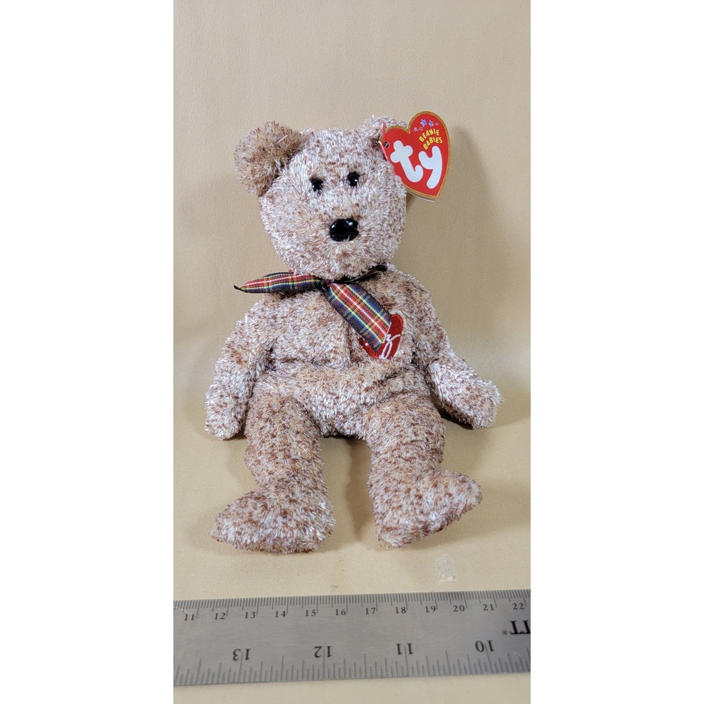 Ty Beanie Babies 2002 Signature Bear Brown Plaid Ribbon Collectible Plush Tagged